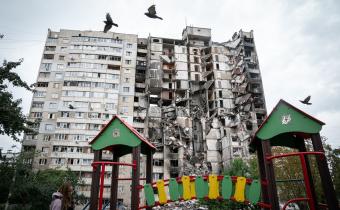 Damaged housing units in Kharkiv, Ukraine